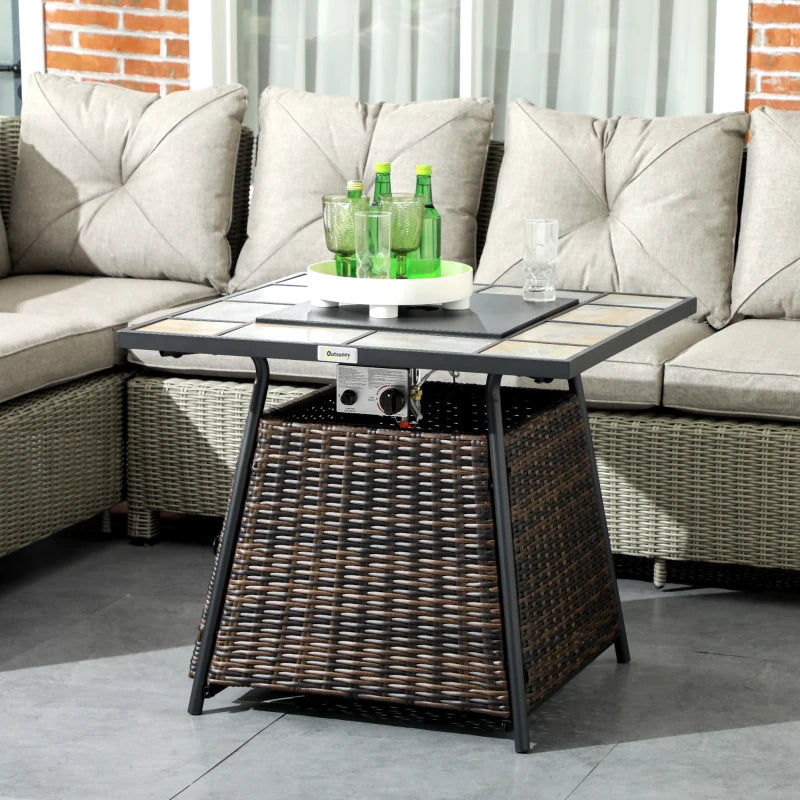 Outsunny Square Outdoor PE Rattan Fire Pit Table Gas Burner