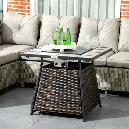 Outsunny Square Outdoor PE Rattan Fire Pit Table Gas Burner