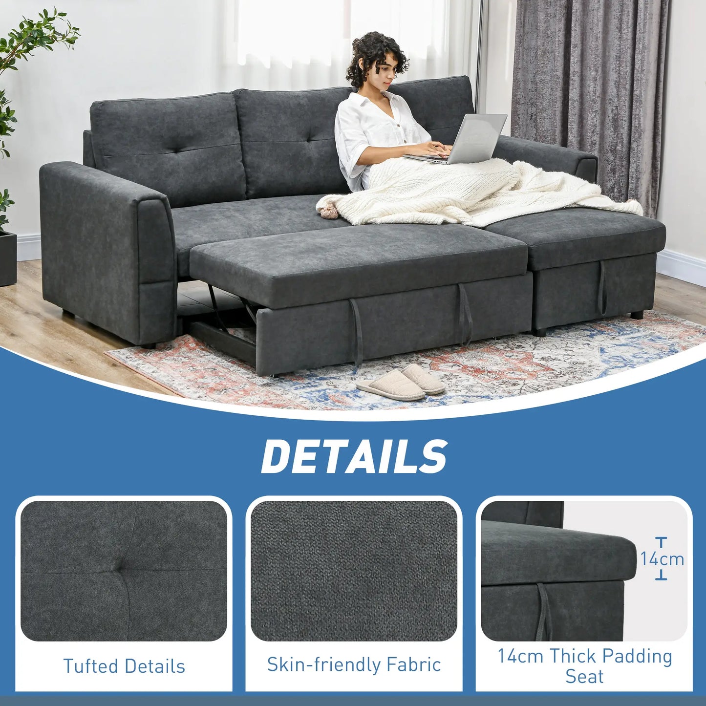 HOMCOM 3 Seater Sofa Bed, L-Shaped Corner Sofa