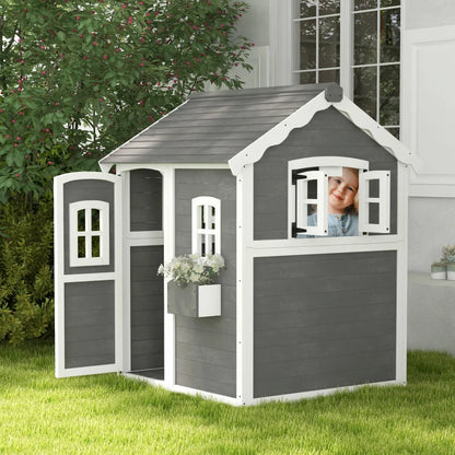 Outsunny Wooden Playhouse for Kids with Doors, Windows, Plant Box, Floors