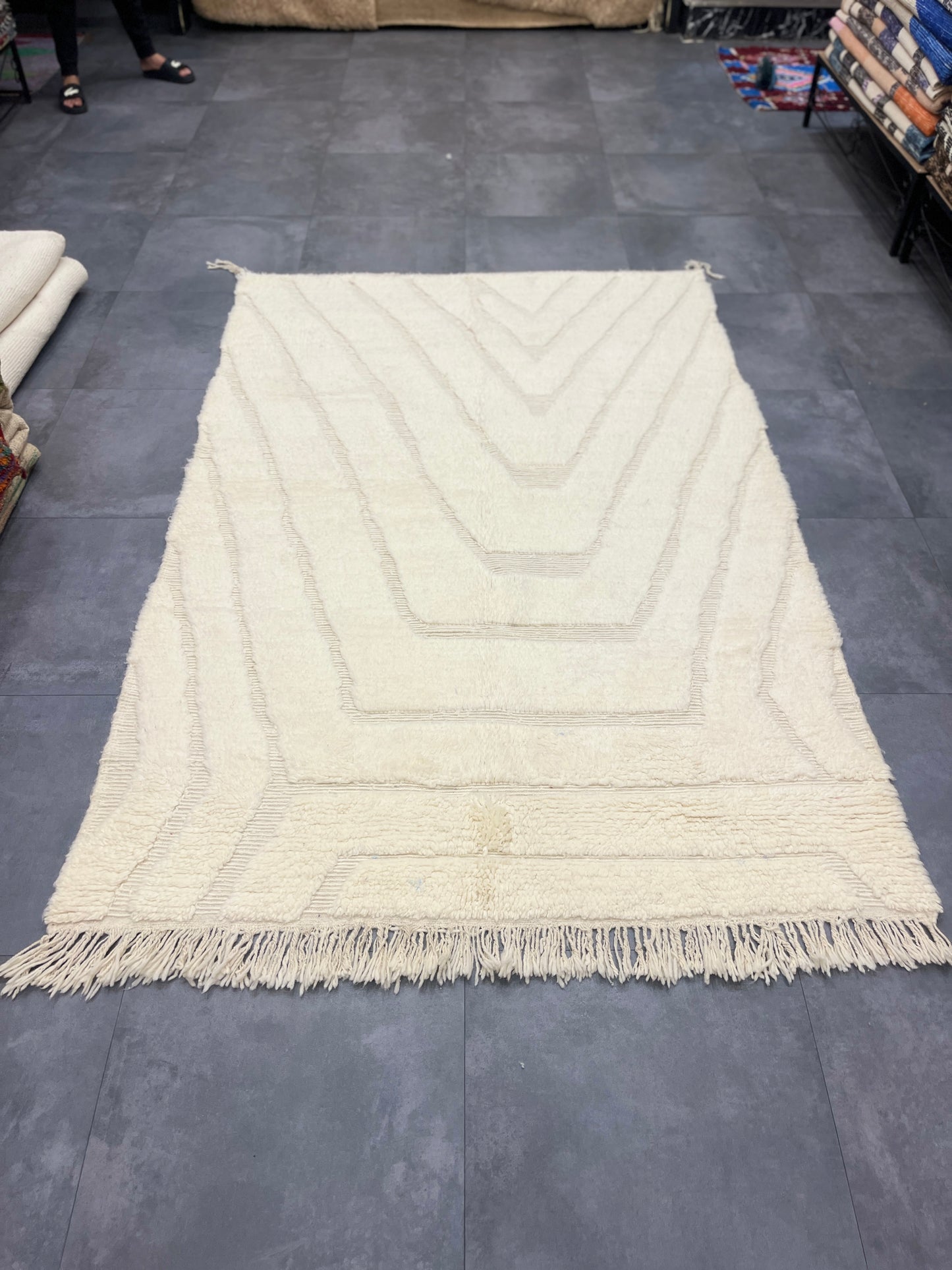 Moroccan Berber Rug - Beni Ourain White Abstract Lines Foundation 2.6 X 1.6m | 100% Wool Handmade