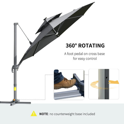 Outsunny 3m Cantilever Parasol w/ Solar Lights Power Bank Base 360°