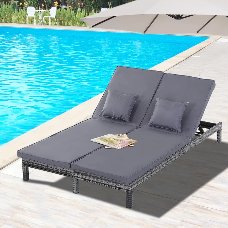 Outsunny 2 Seater Rattan Lounger Adjustable Double Chaise Chair Loveseat