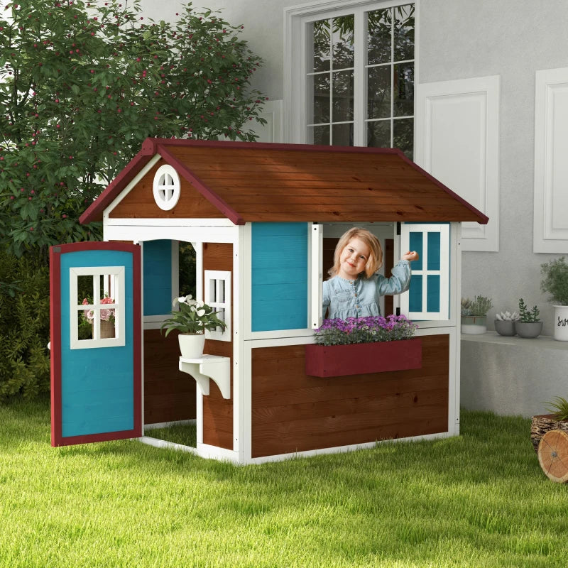 Outsunny Wooden Playhouse with Doors, Windows, Plant Pots, Boxes