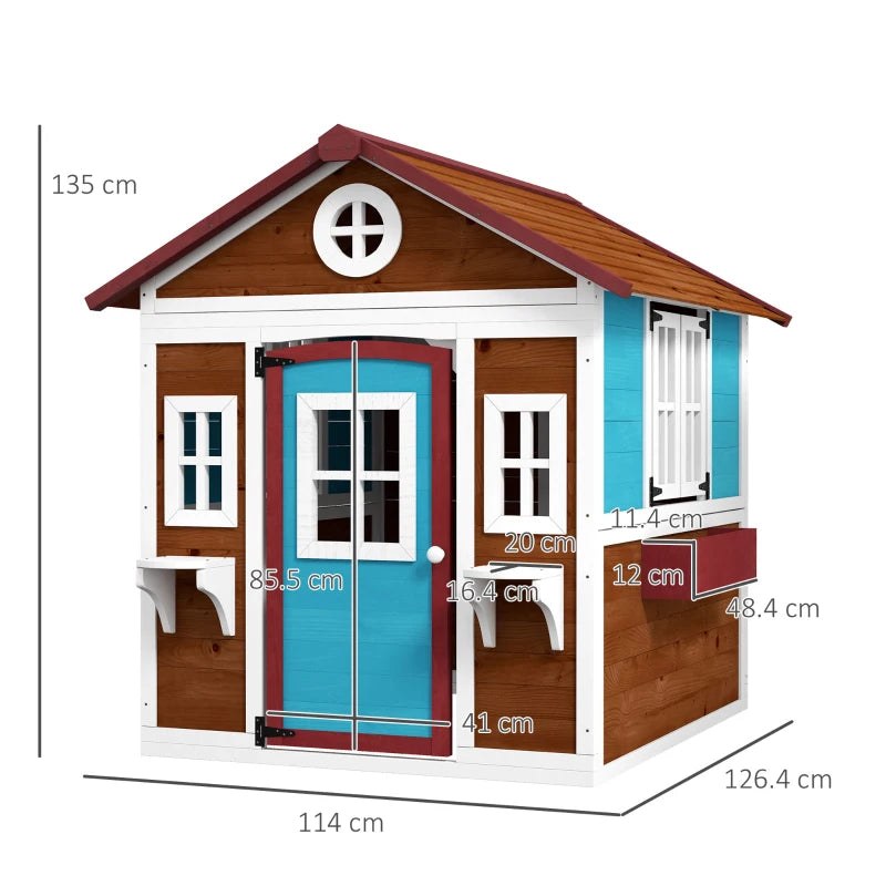 Outsunny Wooden Playhouse with Doors, Windows, Plant Pots, Boxes