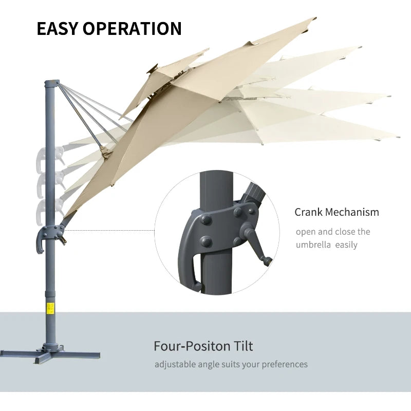 Outsunny 3m Cantilever Parasol w/ Solar Lights Power Bank Base 360°