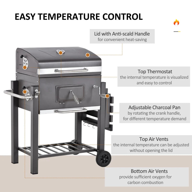 Outsunny Charcoal Grill BBQ Trolley with Adjustable Charcoal Grate