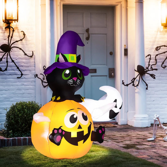 Outsunny 4.9FT Tall Halloween Inflatable Black Cat Riding Pumpkin with White Ghost