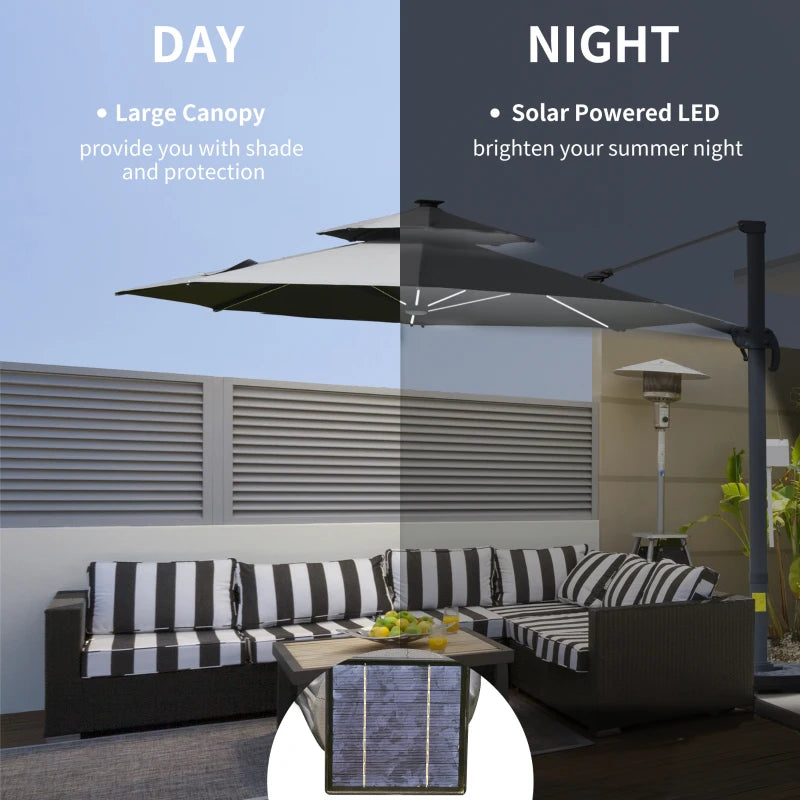 Outsunny 3m Cantilever Parasol w/ Solar Lights Power Bank Base 360°