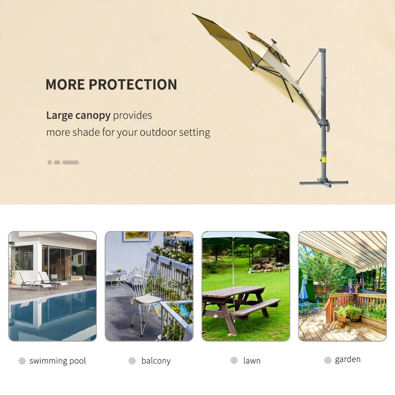 Outsunny 3m Cantilever Parasol w/ Solar Lights Power Bank Base 360°