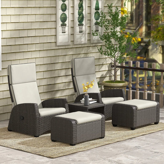 Outsunny 5-Piece Rattan Patio Reclining Chair Set with Footstools