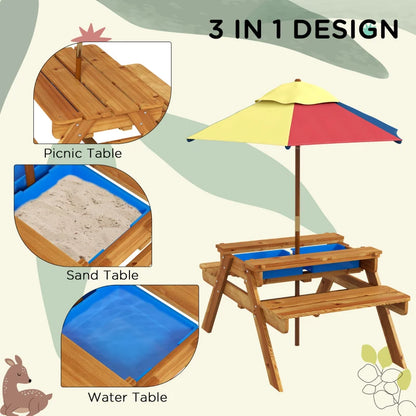 Outsunny Kids Picnic Table Set, 3 in 1 Sand Pit Activity Table