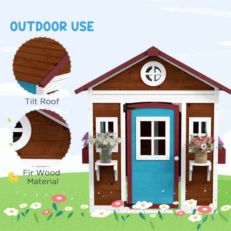 Outsunny Wooden Playhouse with Doors, Windows, Plant Pots, Boxes