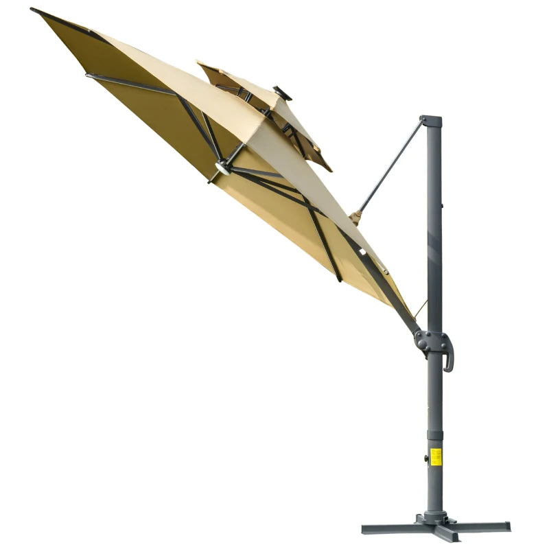 Outsunny 3m Cantilever Parasol w/ Solar Lights Power Bank Base 360°