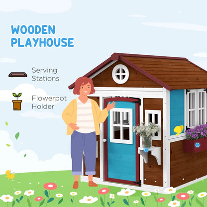 Outsunny Wooden Playhouse with Doors, Windows, Plant Pots, Boxes