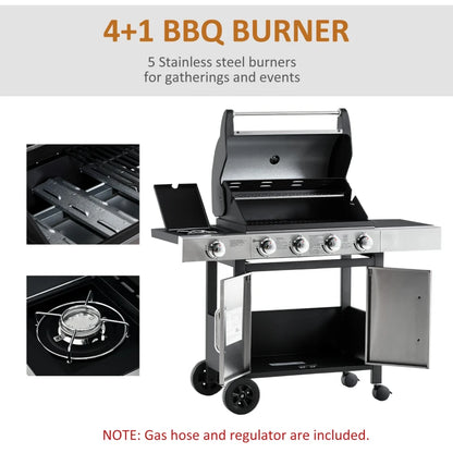 Outsunny Gas Barbecue Grill 4+1 Burner Garden Smoker BBQ Trolley