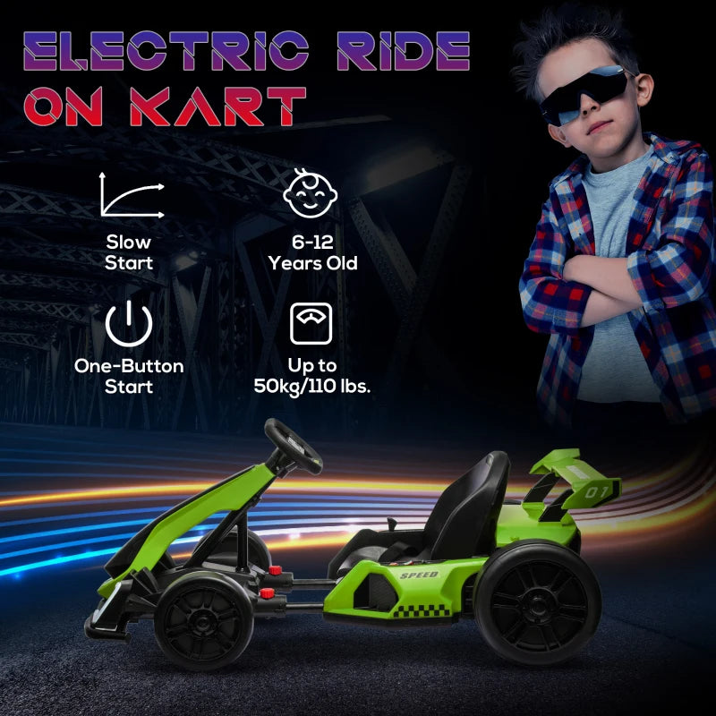 HOMCOM 24V Electric Go Kart for Kids with Adjustable Seat for 6-12 Years Old