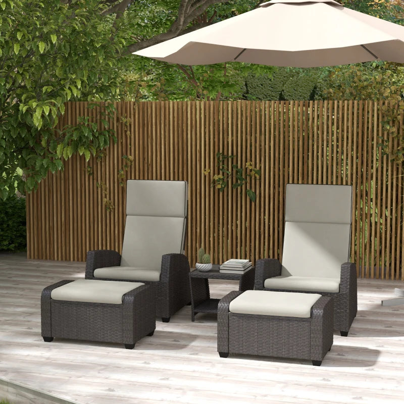 Outsunny 5-Piece Rattan Patio Reclining Chair Set with Footstools