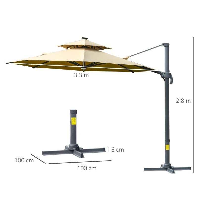 Outsunny 3m Cantilever Parasol w/ Solar Lights Power Bank Base 360°