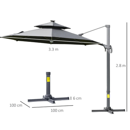 Outsunny 3m Cantilever Parasol w/ Solar Lights Power Bank Base 360°