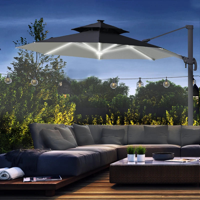 Outsunny 3m Cantilever Parasol w/ Solar Lights Power Bank Base 360°