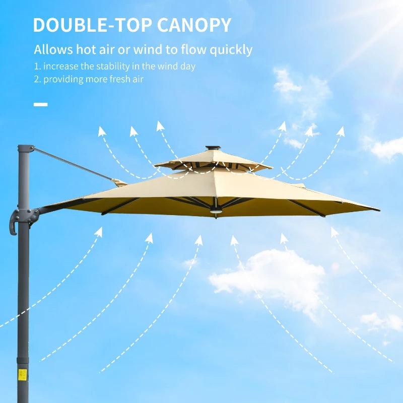 Outsunny 3m Cantilever Parasol w/ Solar Lights Power Bank Base 360°