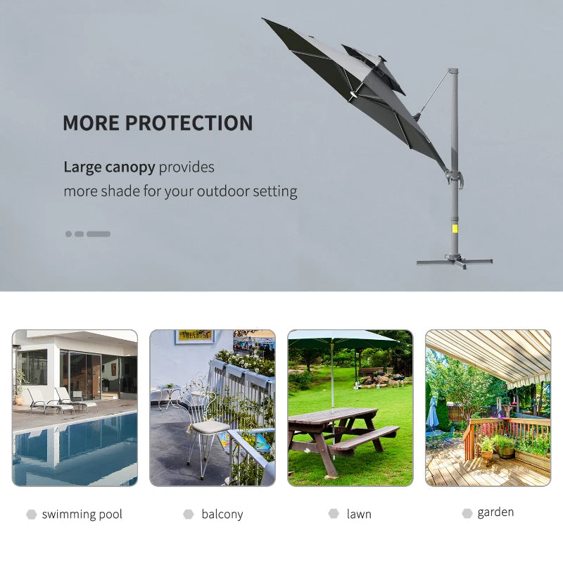 Outsunny 3m Cantilever Parasol w/ Solar Lights Power Bank Base 360°