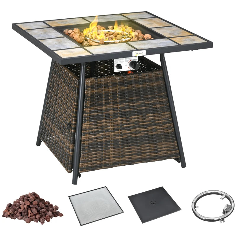 Outsunny Square Outdoor PE Rattan Fire Pit Table Gas Burner