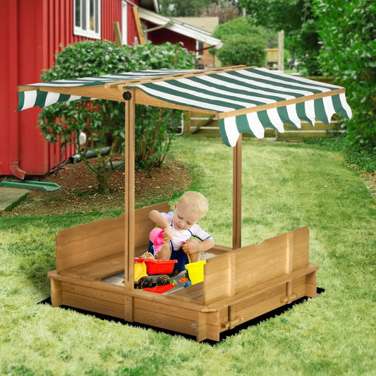 Outsunny Wooden Sandpit with Adjustable Canopy