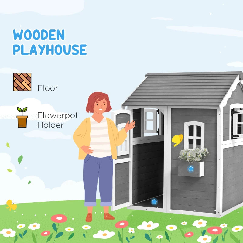 Outsunny Wooden Playhouse for Kids with Doors, Windows, Plant Box, Floors