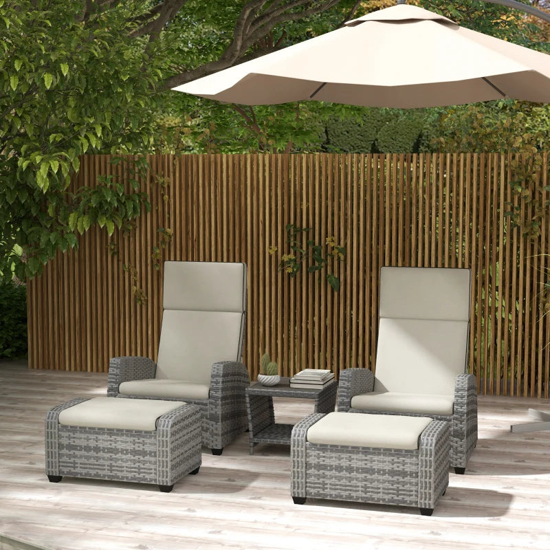 Outsunny 5-Piece Rattan Patio Reclining Chair Set with Footstools