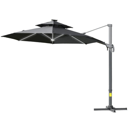 Outsunny 3m Cantilever Parasol w/ Solar Lights Power Bank Base 360°