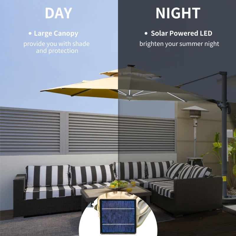 Outsunny 3m Cantilever Parasol w/ Solar Lights Power Bank Base 360°