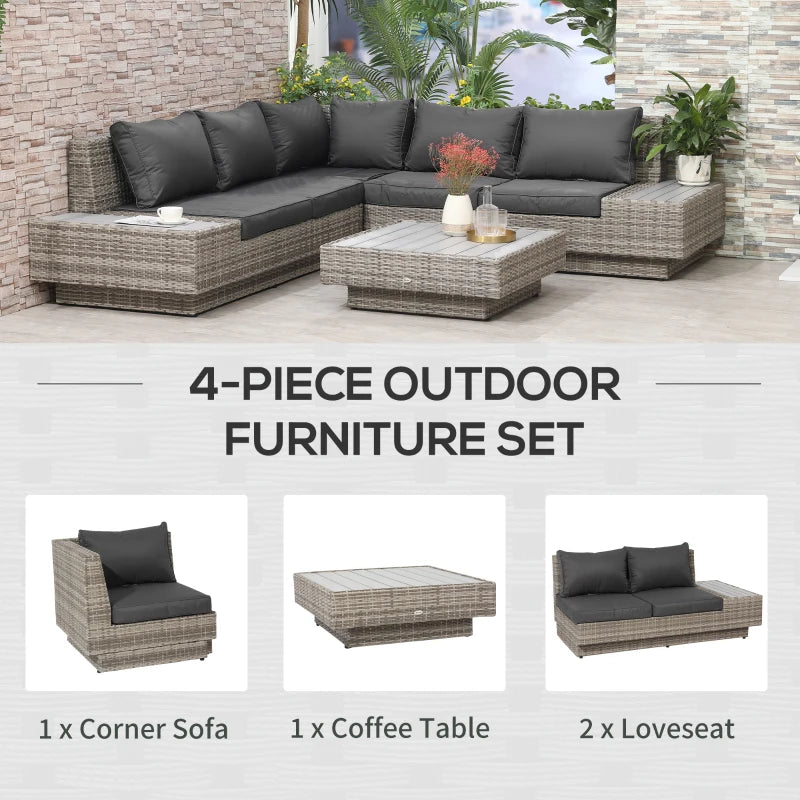 Outsunny 4 PCs Rattan Garden Furniture Outdoor Sectional Corner Sofa and Coffee Table Set