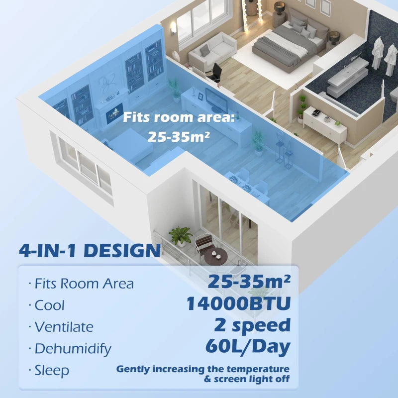 HOMCOM 14,000 BTU Mobile Air Conditioner, 35m², Smart Home WiFi