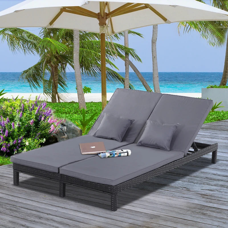 Outsunny 2 Seater Rattan Lounger Adjustable Double Chaise Chair Loveseat