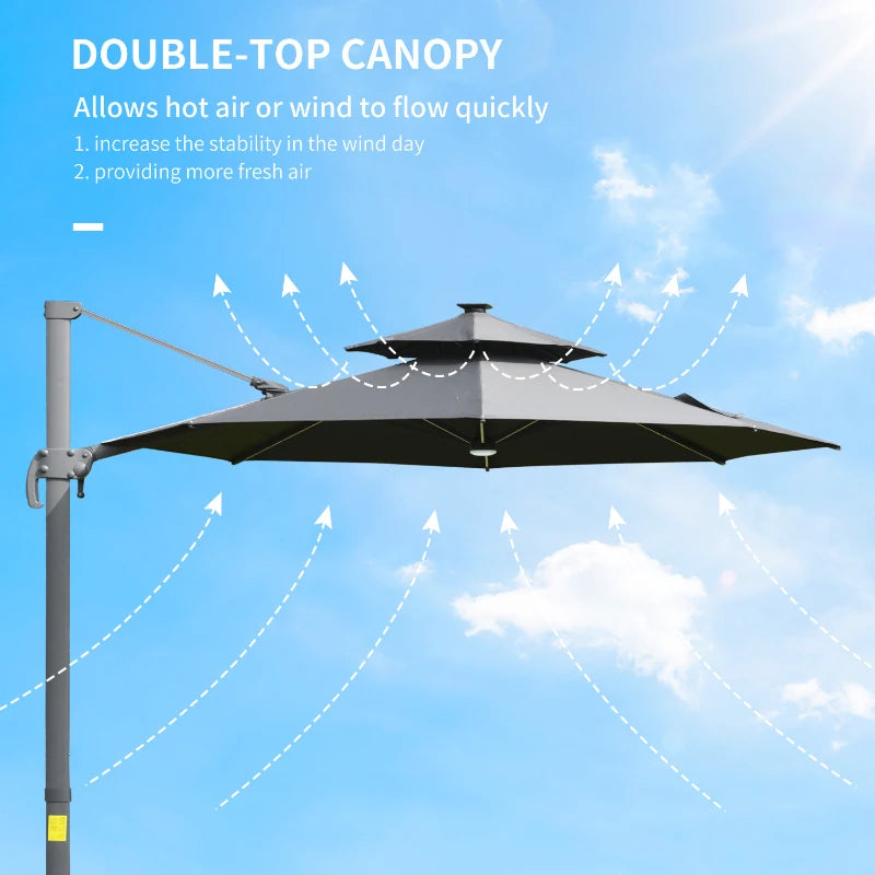 Outsunny 3m Cantilever Parasol w/ Solar Lights Power Bank Base 360°