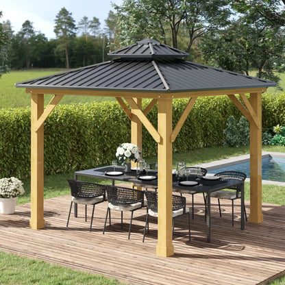 Outsunny 3x(3)M Outdoor Hardtop Gazebo Canopy with 2-Tier Roof and Solid Wood Frame