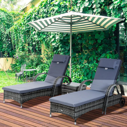 Outsunny 3 Pieces Rattan Sun Loungers, Garden Wicker Wheeling Recliner