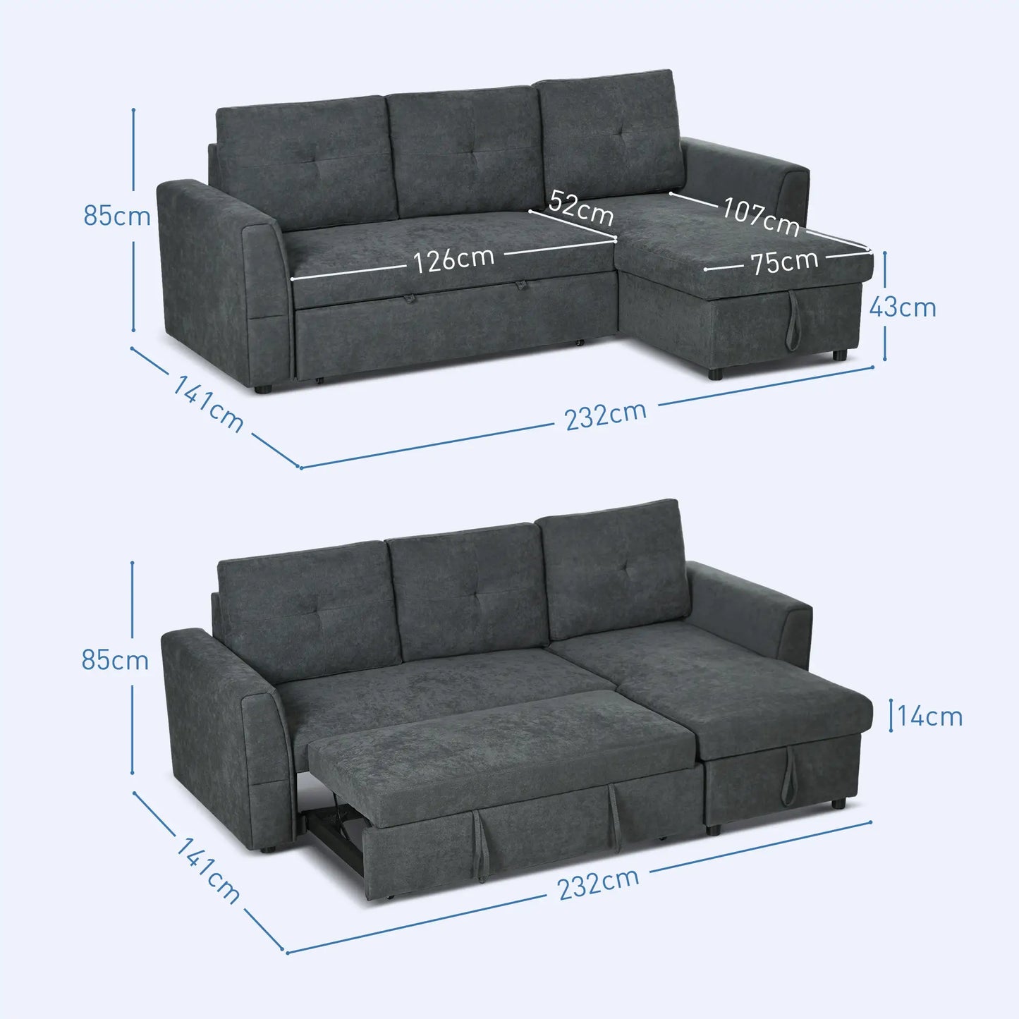 HOMCOM 3 Seater Sofa Bed, L-Shaped Corner Sofa