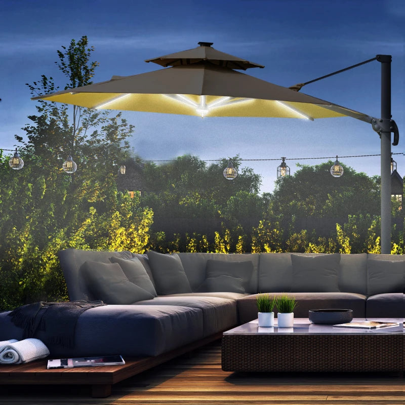 Outsunny 3m Cantilever Parasol w/ Solar Lights Power Bank Base 360°