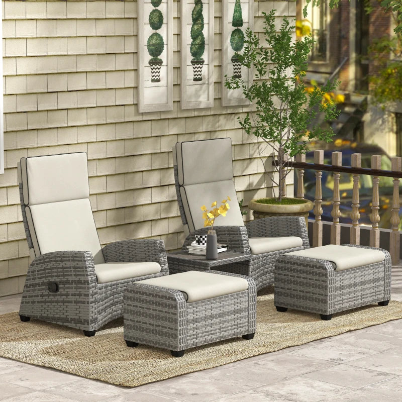 Outsunny 5-Piece Rattan Patio Reclining Chair Set with Footstools