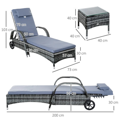 Outsunny 3 Pieces Rattan Sun Loungers, Garden Wicker Wheeling Recliner