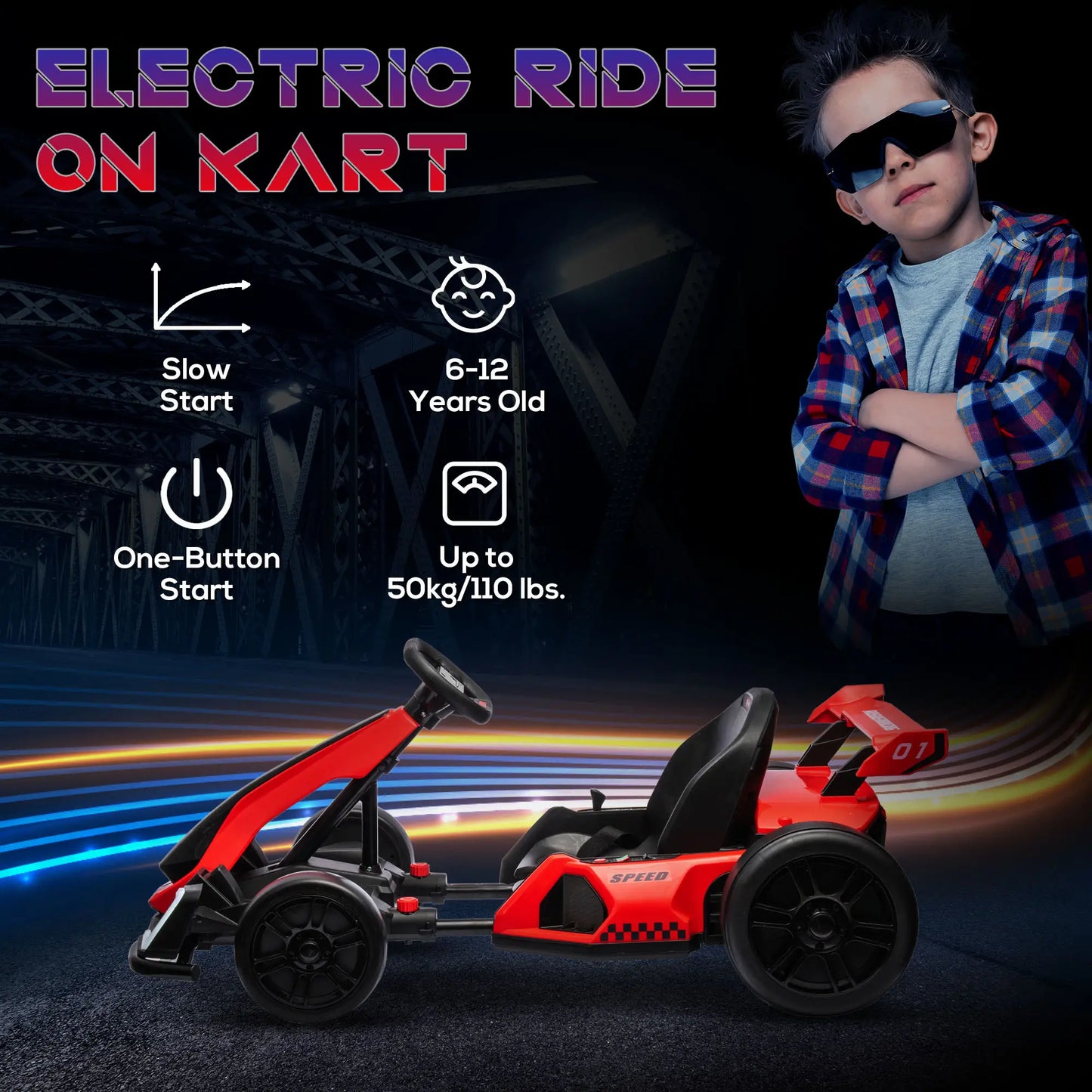 HOMCOM 24V Electric Go Kart for Kids with Adjustable Seat for 6-12 Years