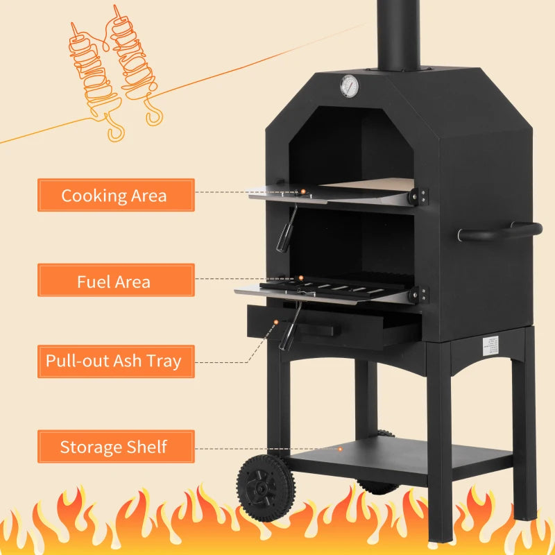 Outsunny Outdoor Garden Pizza Oven Charcoal BBQ Grill 3-Tier Freestanding